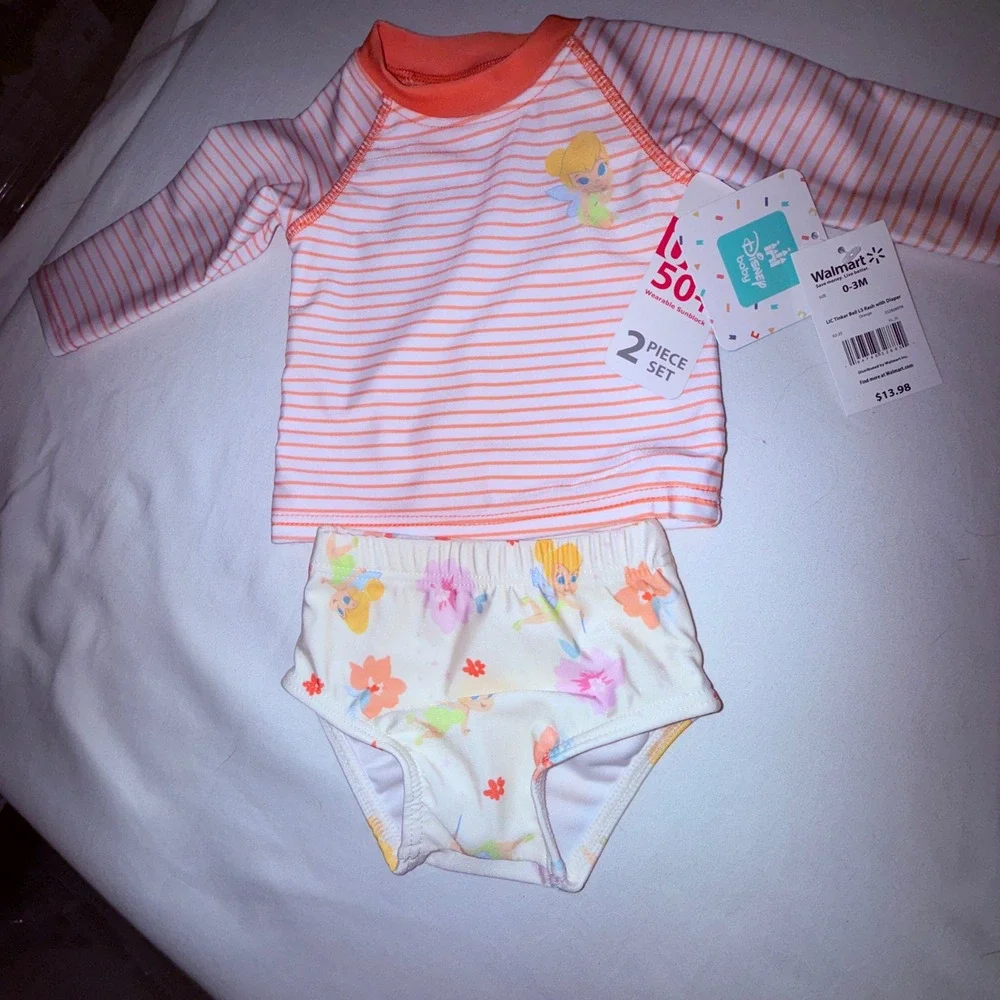 Disney Tinker Bell Rash Guard‎ Set Kids 0-3M Orange NEW Long Sleeve UPF 50+